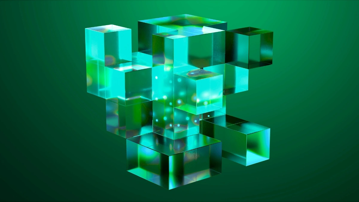 post-business-transformation-jobs-profile Transparent green glass cubes forming a 3D structure symbolizing business transformation, growth and innovation